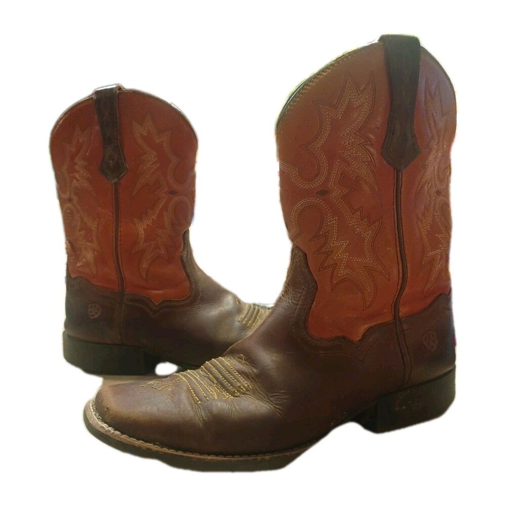 BOYS ARIAT 4LR COWBOY SQUARE TOE DARK BROWN ORANGE BOOTS SIZE 5.5 Youth